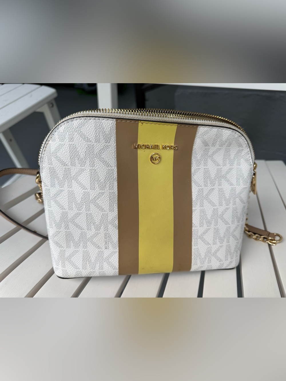 Michael Kors White, Olive Green & Tan Stripe Crossbody Purse
